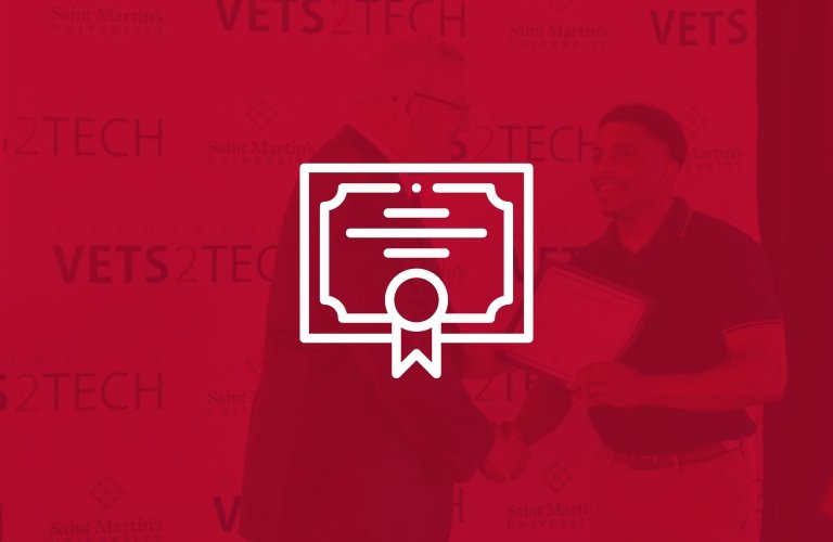 A WaV2T grad shakes the dean's hand under a red filter, overlaid with a white icon depicting a certificate