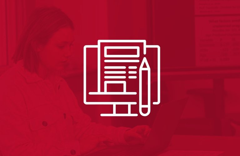A student works at a computer under a red filter, overlaid with a white icon depicting an application and pencil on a computer