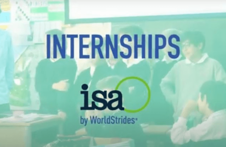 Students in classroom with text overlaid: Internships; isa by WorldStrides