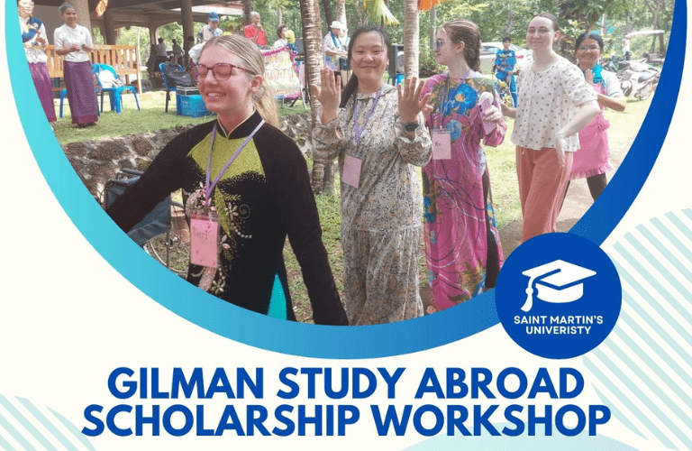 Students walking, with text reading Gilman Study Abroad Scholarship Workshop