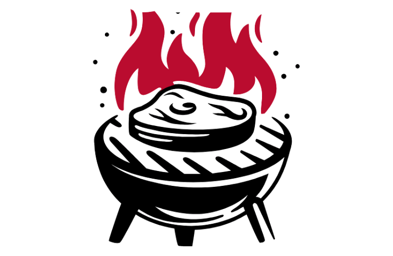 A drawn grill with flames and a steak