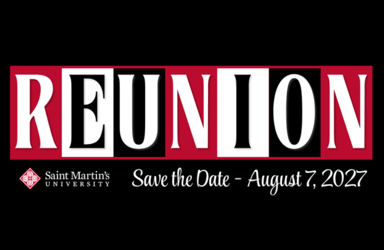 Stylized text reading: Reunion; Save the date - August 7, 2027