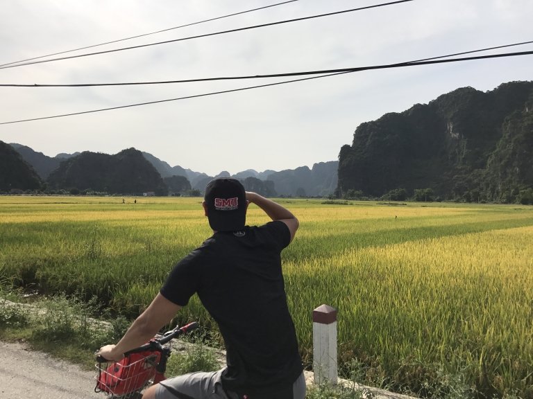 Student on bike looks out on green rice fields