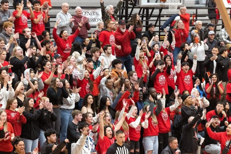A crowd of people in red shirts cheer in the stands at a game
