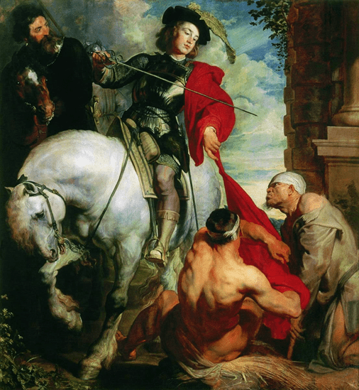 Painting of a gentleman in armor on a horse surrounded by people