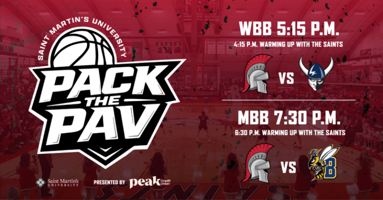 Graphic with SMU Pack the Pav logo and the basketball games and times