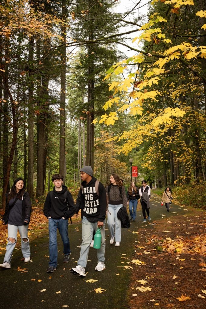 Students walk through autumnal woods on campus