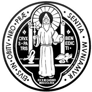 The back of the St. Benedict medal in black and white