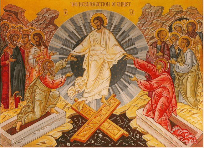 A painting of Jesus emerging from the tomb