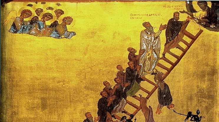 A religious painting showing men climbing a ladder to an angel