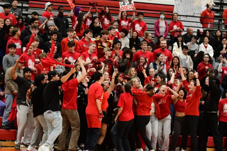 Fans wearing red shirts in the stands cheer